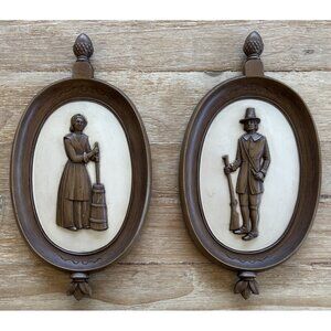 SYROCO Vintage 1960 Puritan Man & Woman Pilgrim Wall Plaques Wall Art Colonial